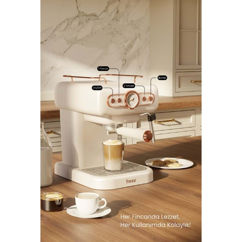 Fressi Em-01 Ristretto Süt Köpürtücülü 20BAR Basınçlı Espresso Latte Cappuccino Americano Makinesi 1,2lt Krem