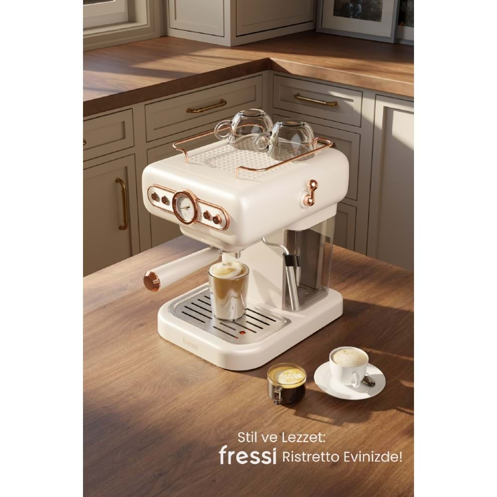 Fressi Em-01 Ristretto Süt Köpürtücülü 20BAR Basınçlı Espresso Latte Cappuccino Americano Makinesi 1,2lt Krem