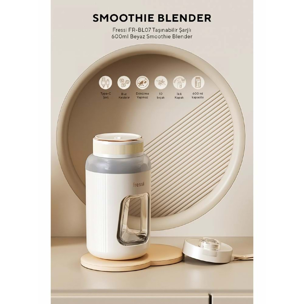 Fressi FR-BL07 Taşınabilir Şarjlı 600ml Beyaz Smoothie Blender