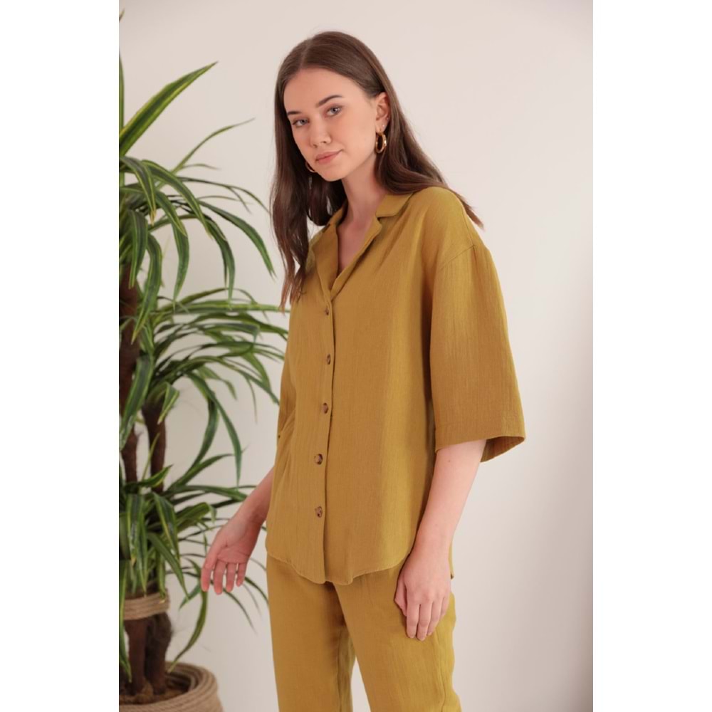 Kaktüs Moda Müslin Kumaş Yağ Yeşili Ceket Yaka Kadın Gömlek M