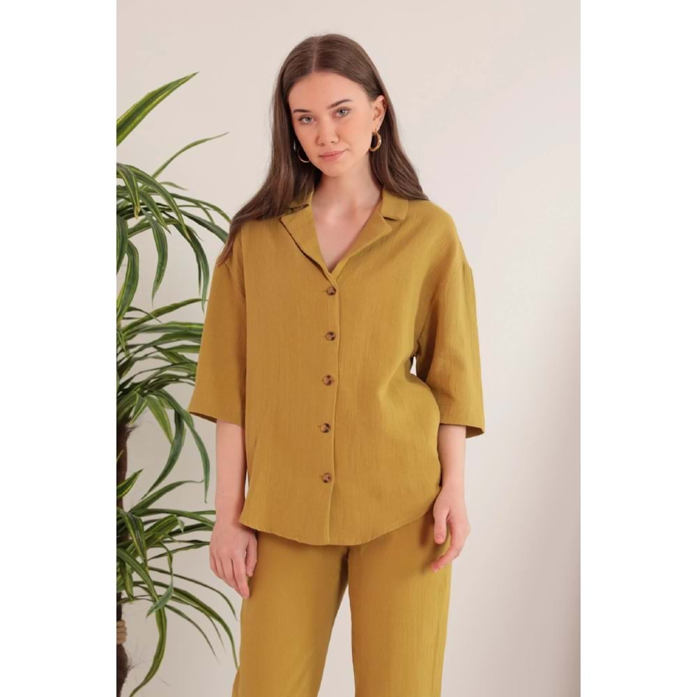Kaktüs Moda Müslin Kumaş Ceket Yaka Kadın Gömlek - Yağ Yeşili - XL