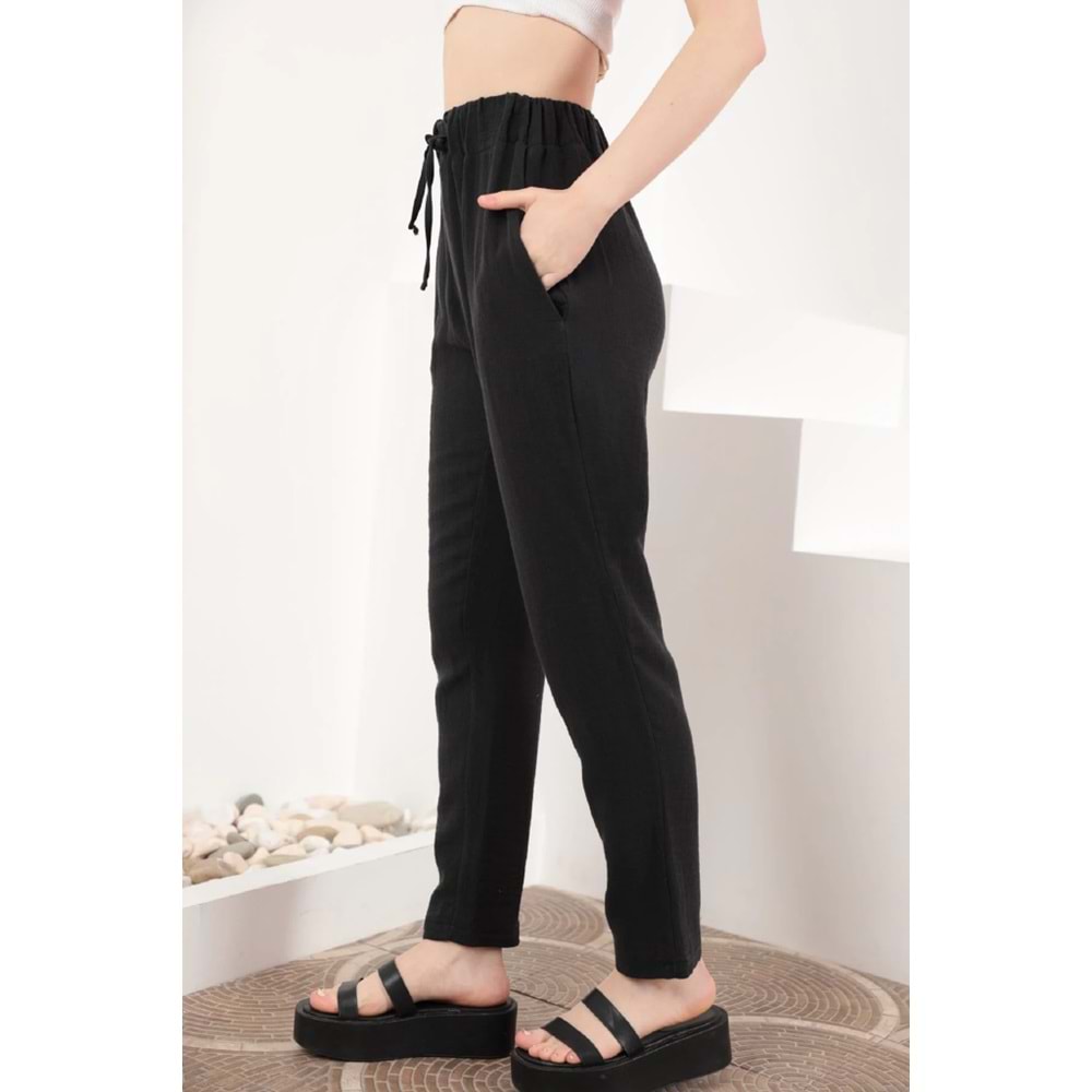 Kaktüs Moda Müslin Kumaş Rahat Kalıp Lastikli Siyah Pantolon XL