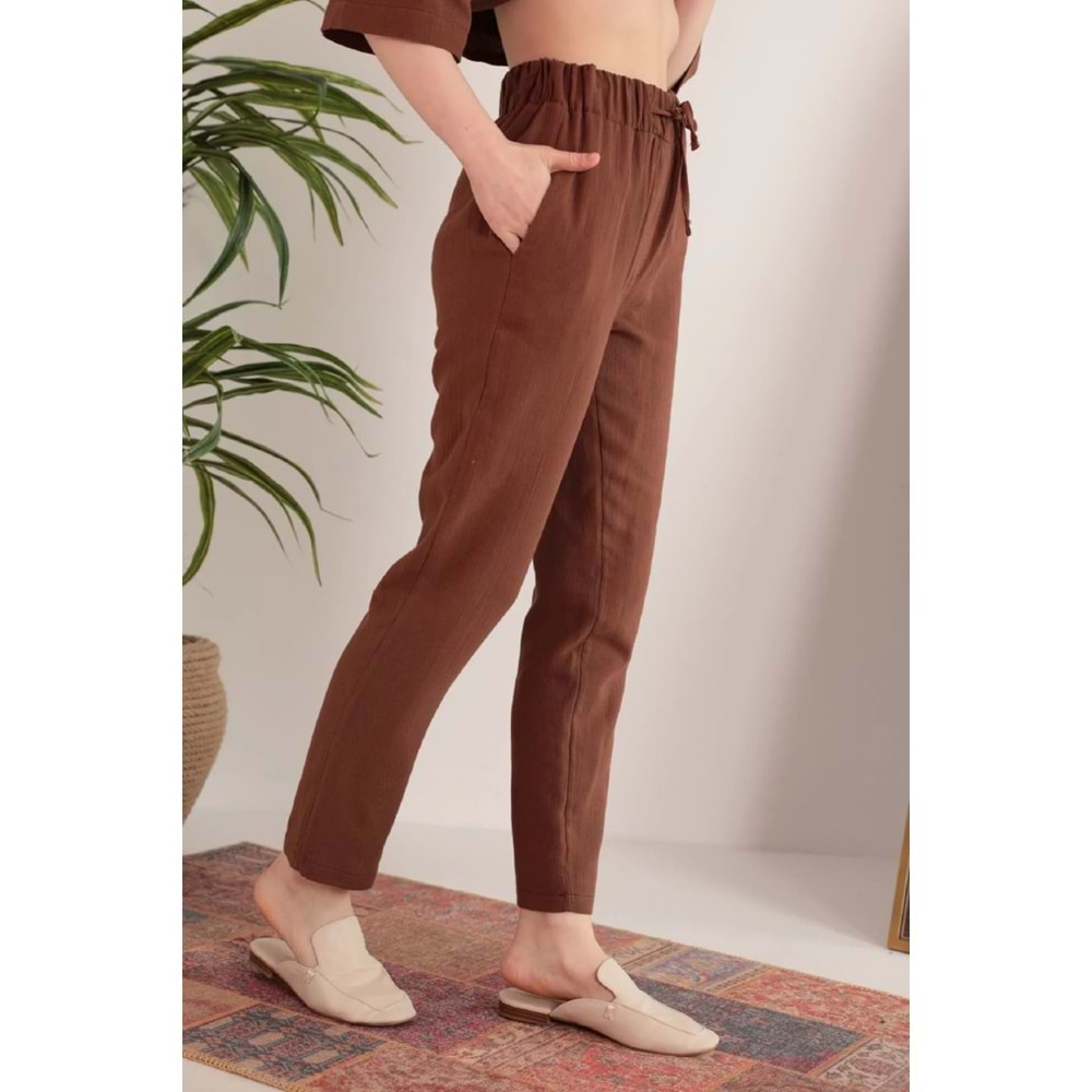 Kaktüs Moda Müslin Kumaş Rahat Kalıp Lastikli Kahverengi Pantolon L