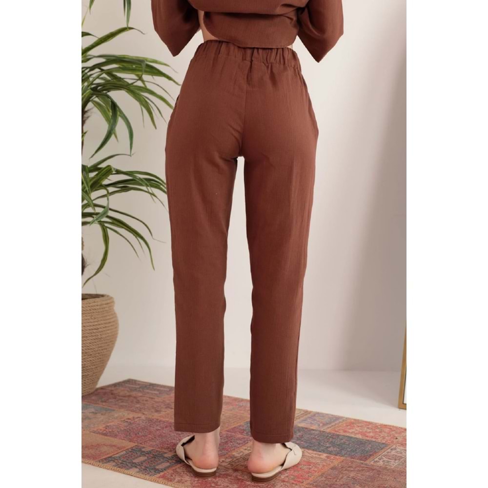 Kaktüs Moda Müslin Kumaş Rahat Kalıp Lastikli Kahverengi Pantolon XL