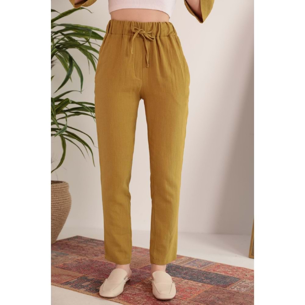 Kaktüs Moda Müslin Kumaş Rahat Kalıp Lastikli Yağ Yeşili Pantolon XL