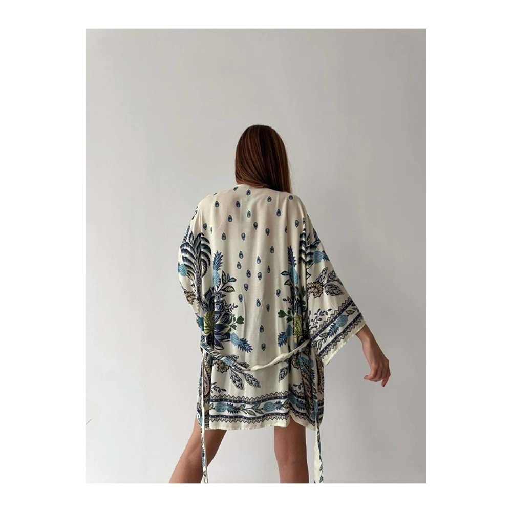Qumika - Desenli Kuşaklı Kimono - 23Y51254 - Bej - S