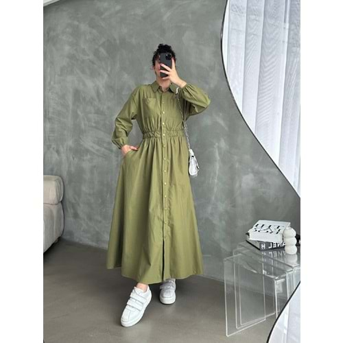 Qumika Çıtçıtlı Uzun Elbise Yazlık Poplin Kumaş 8192 - Haki - 40/42