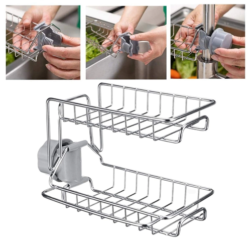 Paslanmaz Çelik İki Katlı Mutfak ve Banyo Organizer Musluk Sabunluk Şampuanlık Rafı (5047)