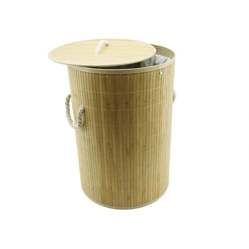 YUVARLAK BAMBU AHŞAP KİRLİ ÇAMAŞIR SEPETİ 35X60CM SEYYAR KAPAKLI İÇİ BEZLİ İP KULPLU (5047)