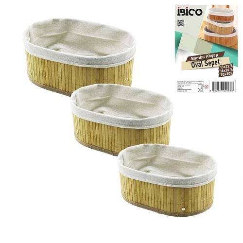 3 BOY OVAL BAMBU KENAR ORGANİZER SEPET AHŞAP ALTLIK - BEZLİ 13X22-16X26-20X30CM (5047)
