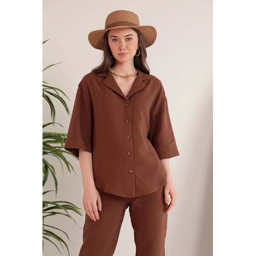 Kaktüs Moda Müslin Kumaş Ceket Yaka Kadın Kahverengi Gömlek XL