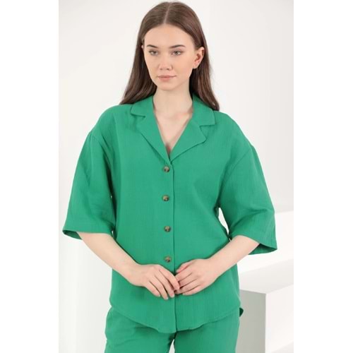 Kaktüs Moda Müslin Kumaş Yeşil Ceket Yaka Gömlek L