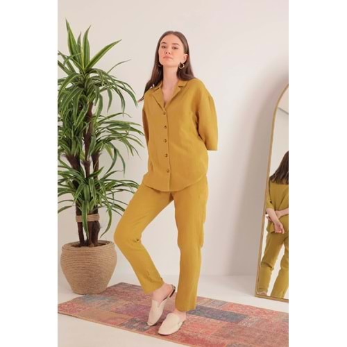Kaktüs Moda Müslin Kumaş Ceket Yaka Kadın Gömlek - Yağ Yeşili - XL