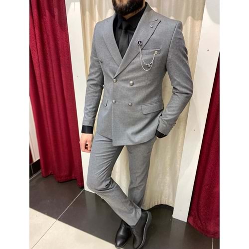 İtalyan Stil Slim Fit Kruvaze Ceket Pantolon Takım Elbise - Gri - 46