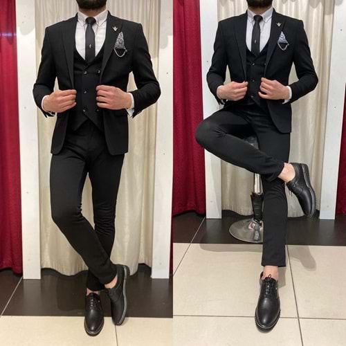 İtalyan Stil Slim Fit Likralı Ceket Yelek Pantolon Takım Elbise - Siyah - 46