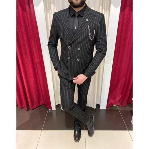 İtalyan Stil Slim Fit Ceket Pantolon Çizgili Takım Elbise - Siyah - 46