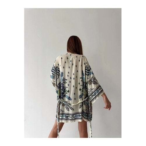 Qumika - Desenli Kuşaklı Kimono - 23Y51254 - Bej - S