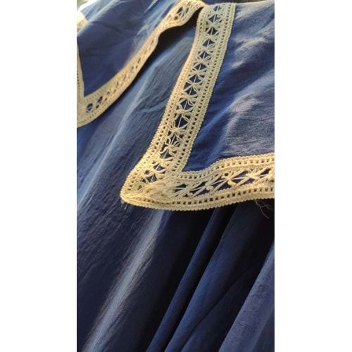 Qumika - Dantel Yakalı Kemerli Elbise - P7457 - Mavi - STANDART
