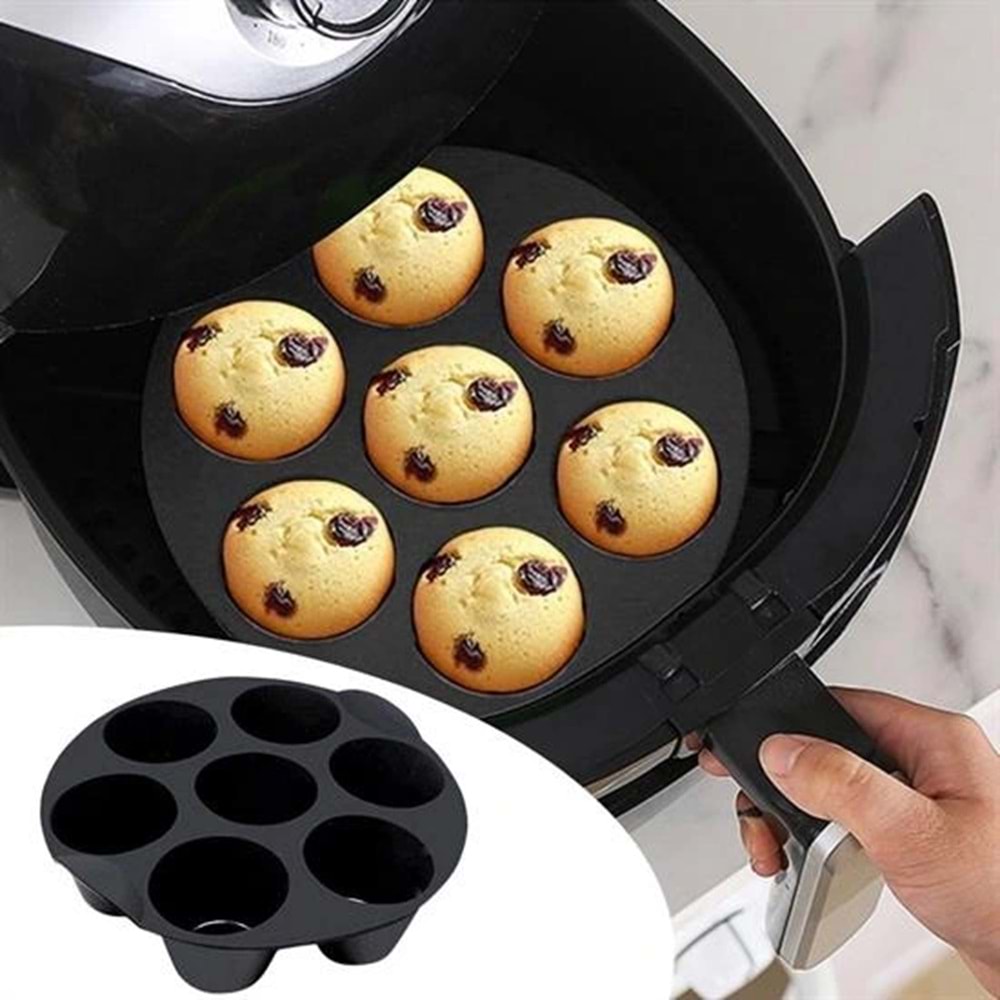 7 Gözlü Silikon Çok Amaçlı Airfryer Muffin Cupcake Kek ve Çörek Pişirme Kalıbı (5047)