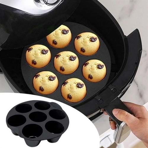 7 Gözlü Silikon Çok Amaçlı Airfryer Muffin Cupcake Kek ve Çörek Pişirme Kalıbı (5047)