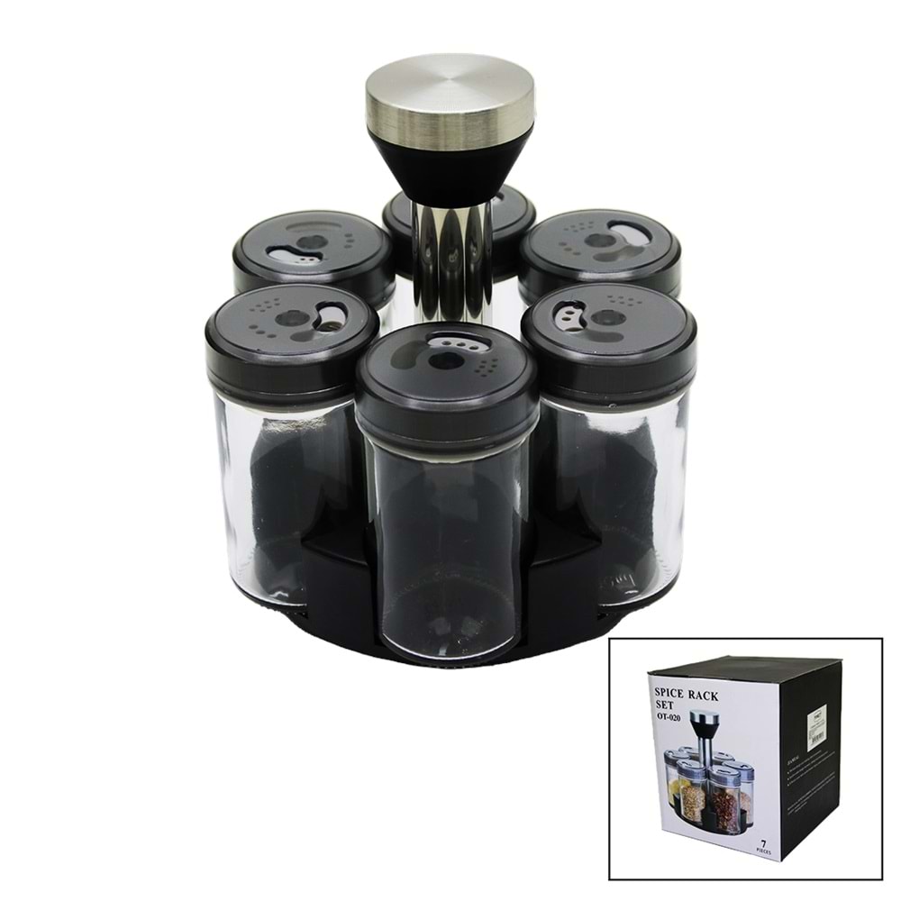 6 PARÇA YUVARLAK CAM - PLASTİK KAPAK TULUK - BAHARATLIK DÖNER STANDLI (5047)