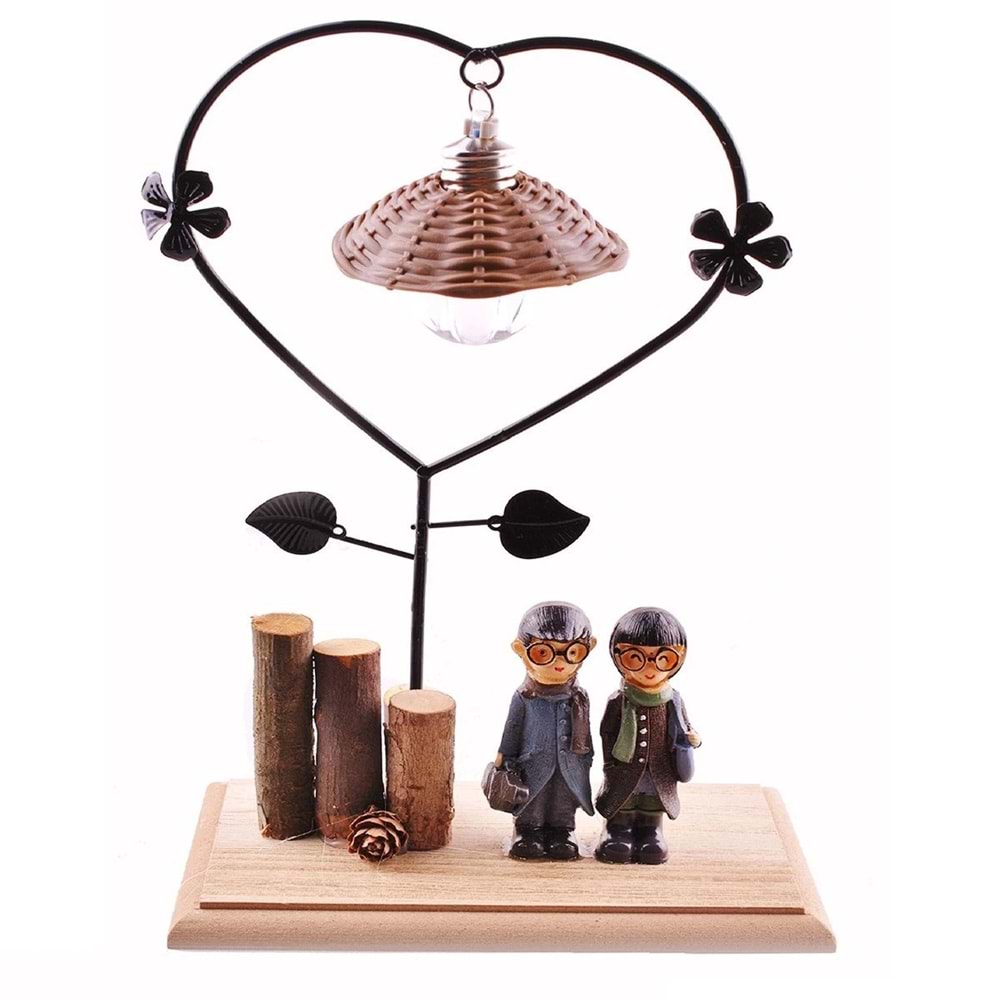 Pilli Işıklı Romantik Çift Tema Büyük Boy Dekoratif Ahşap Biblo (5047)