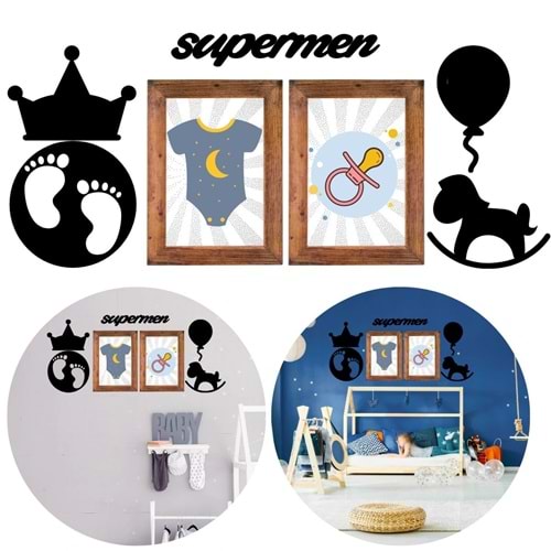 DECO103 Supermen Dekoratif Duvar Süsü Tablo Aksesuar Ahşap Tasarım Hediye Pano Sticker Seti (5047)