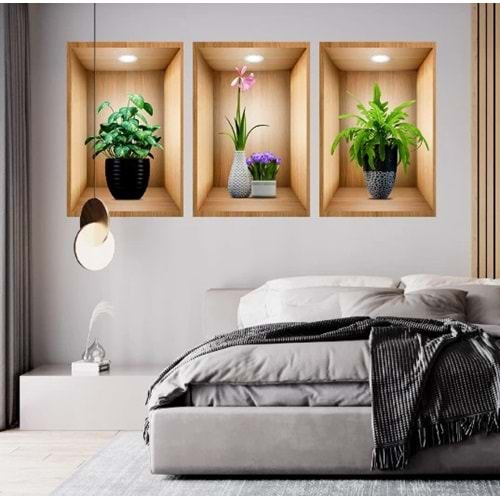 3D Çiçek Vazo Duvar Sticker 3 lü Set Kahverengi Fon (5047)