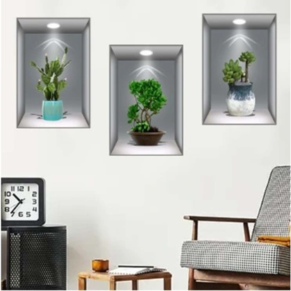 3D Çiçek Vazo Duvar Sticker 3 lü Set GRİ Fon (5047)