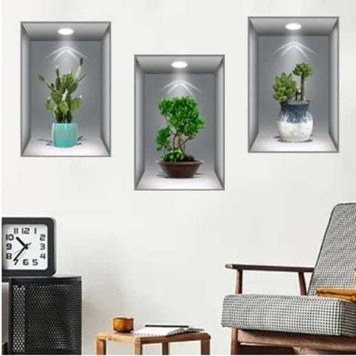 3D Çiçek Vazo Duvar Sticker 3 lü Set GRİ Fon (5047)