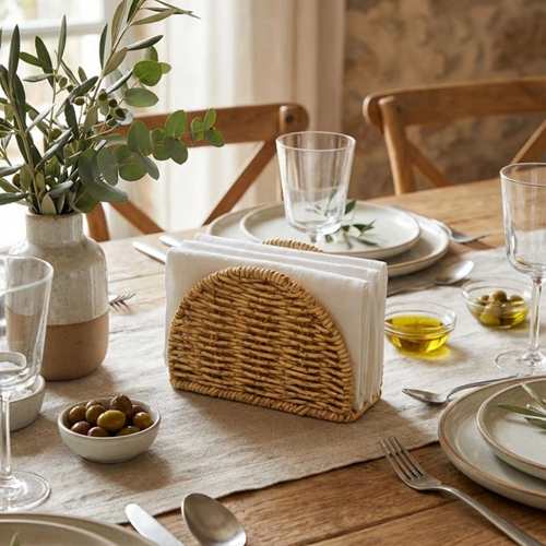 Dekoratif Plastik Rattan Yarım Yuvarlak Peçetelik–Doğal Hasır Dokulu Masaüstü Peçete Standı (5047)