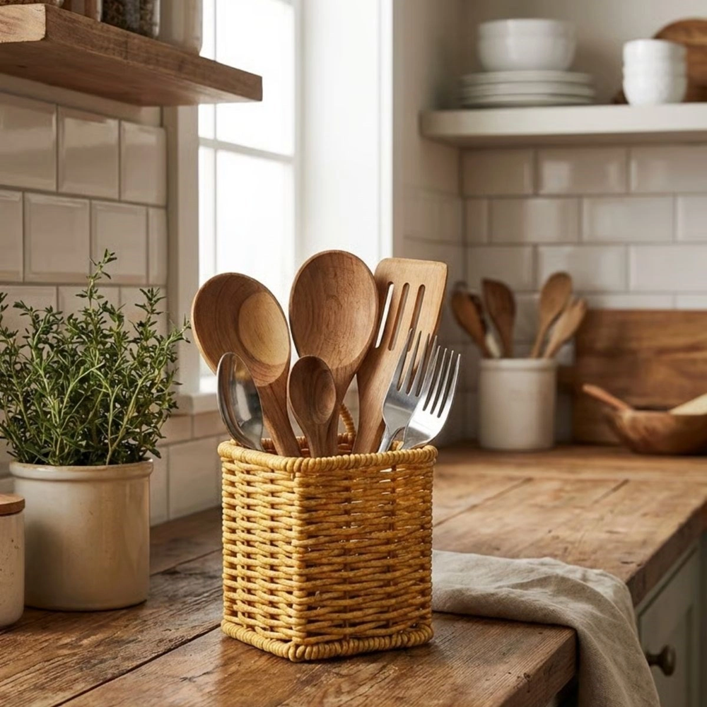 Kare Hasır Dokulu Plastik Rattan Kaşıklık &amp; Çatallık – Askılı Kendiliğinden Tutmalı Çok Amaçlı Mutfak Organizeri (5047)