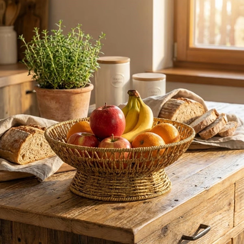 25 cm Plastik Rattan Servis Çanağı – Doğal Hasır Görünümlü Dekoratif Meyve, Ekmek ve Sunum Kasesi (5047)