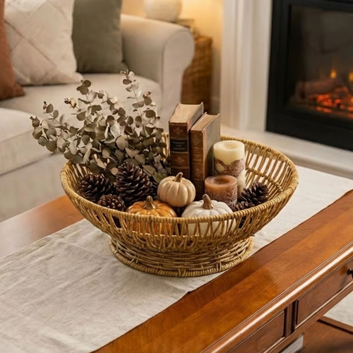 31 cm Plastik Rattan Servis Çanağı – Doğal Hasır Görünümlü Dekoratif Meyve, Ekmek ve Sunum Kasesi (5047)