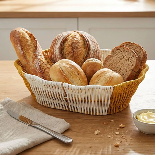 Oval Çift Renkli Plastik Rattan Ekmek ve Meyve Sepeti - Çok Amaçlı Banyo ve Mutfak Düzenleyici - Yıkanabilir Dekoratif Tezgâh Üstü Organiz (5047)