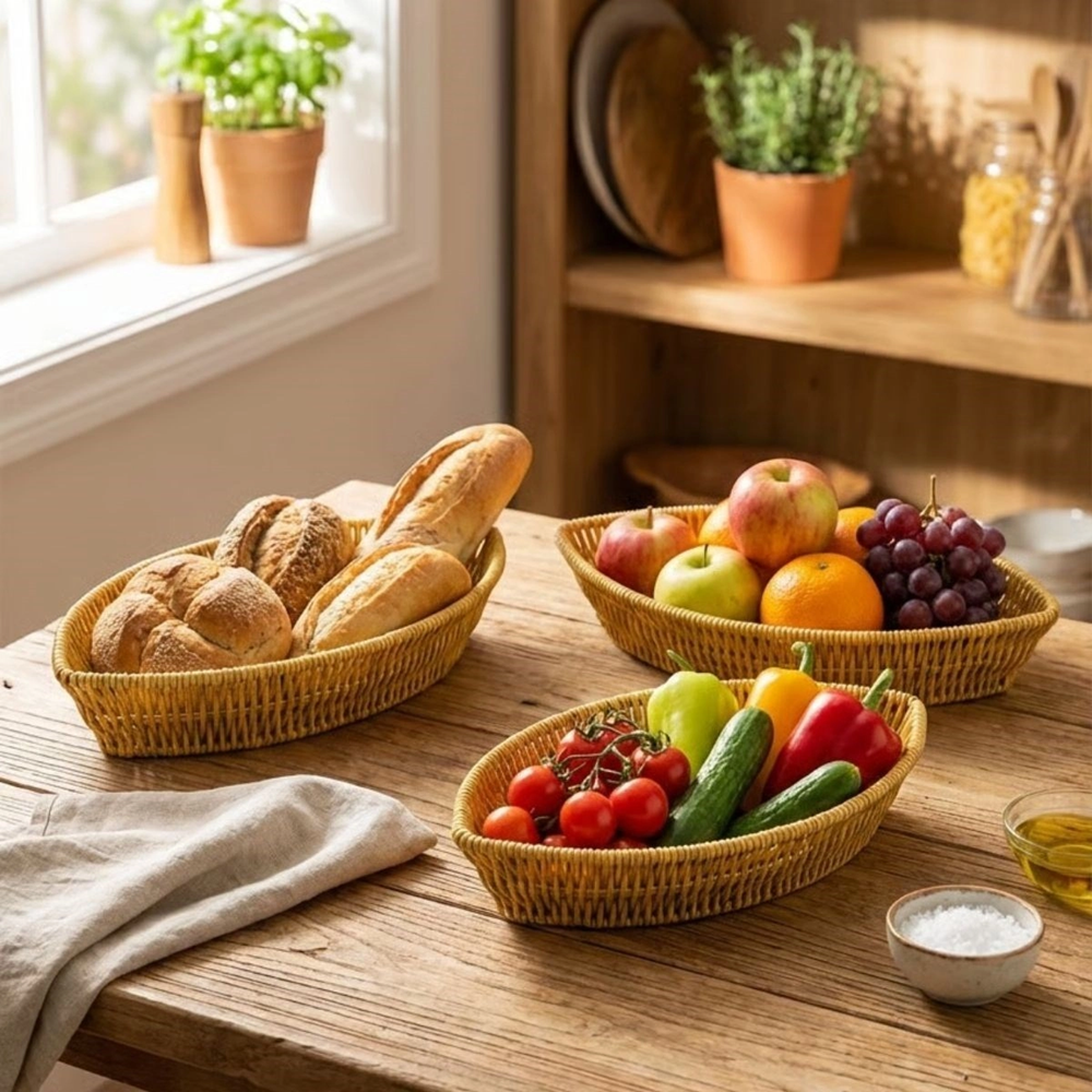 3’lü Kayık Formlu Plastik Rattan Sepet Seti–Hasır Görünümlü Ekmek, Meyve ve Sunum Sepetleri, Çok Amaçlı Masaüstü Organizer (5047)