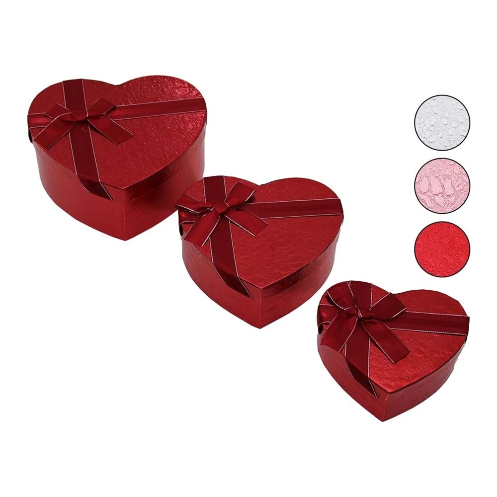 3PCS KALP PARLAK RENKLİ - KABARTMA DESEN KARTON HEDİYE KUTUSU KURDELALI 15-18-21CM (5047)