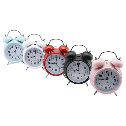 BÜYÜK KLASİK MODEL MASA ÇALAR SAAT PİLLİ - LEDLİ IŞIKLI YUVARLAK - RENKLİ METAL KASA ÇAP:15CM (5047)