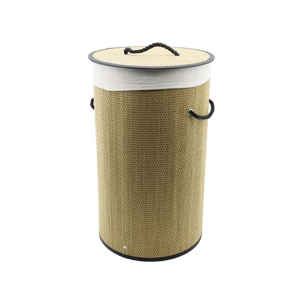 YUVARLAK HASIR - AHŞAP KİRLİ ÇAMAŞIR SEPETİ 37X60CM SEYYAR KAPAKLI İÇİ BEZLİ İP KULPLU (5047)