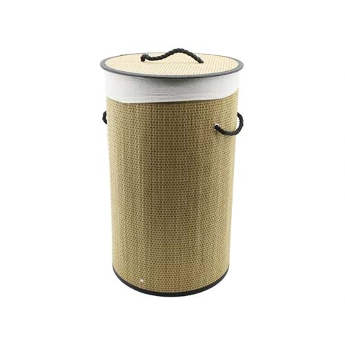 YUVARLAK HASIR - AHŞAP KİRLİ ÇAMAŞIR SEPETİ 37X60CM SEYYAR KAPAKLI İÇİ BEZLİ İP KULPLU (5047)