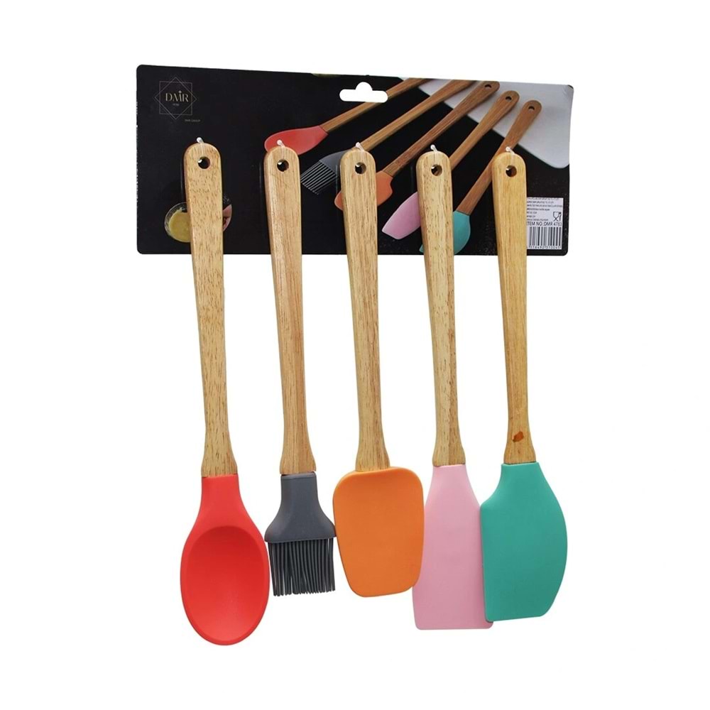 5 PARÇA AHŞAP SAPLI BÜYÜK RENKLİ SİLİKON MUTFAK SET FIRÇA - KAŞIK - SERVİS K. - SPATULA - KARIŞTIRICI (5047)