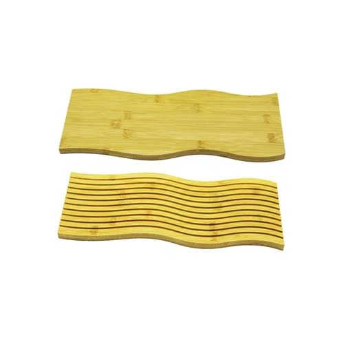 DİKDÖRTGEN ÇİFT TARAFLI : DÜZ - DALGALI OYUK DESENLİ AHŞAP BAMBU SUNUM TEPSİ 15X39CM (5047)