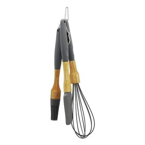 3 PCS SİLİKON ÇIRPICI - FIRÇA - SPATULA SETİ AHŞAP BAMBU SAP - SİLİKON KILIFLI (5047)