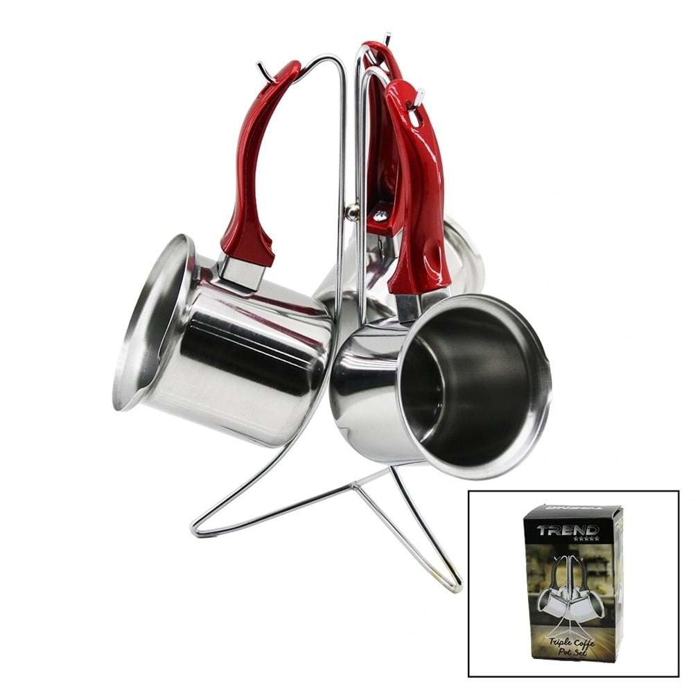 TREND 3LÜ SET NO-3-4-5 ÇELİK CEZVE METAL STANDLI RENKLİ PLASTİK KULPLU (5047)