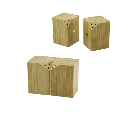5X5CM--Y:7CM 2PCS MIKNATISLI İKİZ AHŞAP BAMBU BAHARATLIK - TUZLUK (5047)