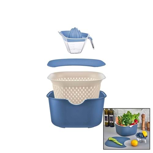 MAVİ 5PCS MUTFAK SETİ PLS.KARIŞTIRMA KAP=4LT - SÜZGEÇ=3.5LT - KESİM PANO - SIKACAK=0.25LT (5047)