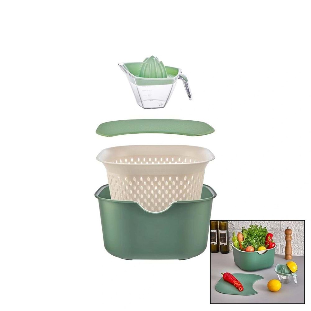 YEŞİL 5PCS MUTFAK SETİ PLS.KARIŞTIRMA KAP=4LT - SÜZGEÇ=3.5LT - KESİM PANO - SIKACAK=0.25LT (5047)