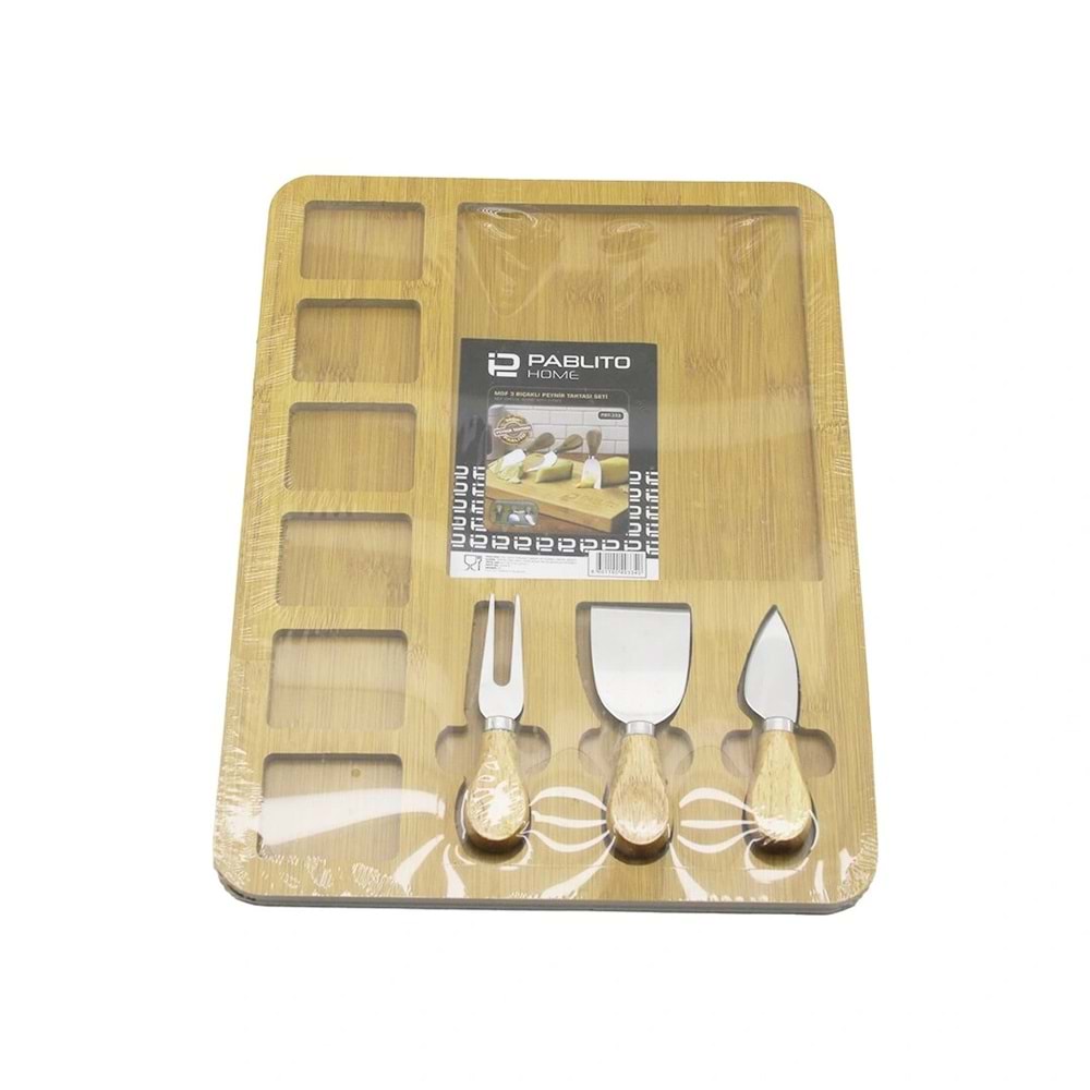 DİKDÖRTGEN 6+1 BÖLMELİ MDF KAHVALTI PEYNİR SUNUM PANOSU 3 BIÇAK=AHŞAP SAP 30X39.5CM (5047)