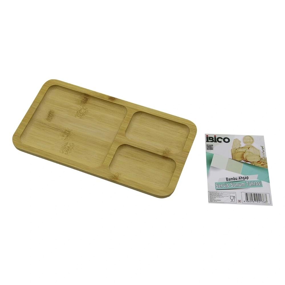 DİKDÖRTGEN 3 BÖLMELİ=2+1 AHŞAP BAMBU SERVİS SUNUM TEPSİ - TAHTASI 24.8 X 13.8 X 1.4CM (5047)