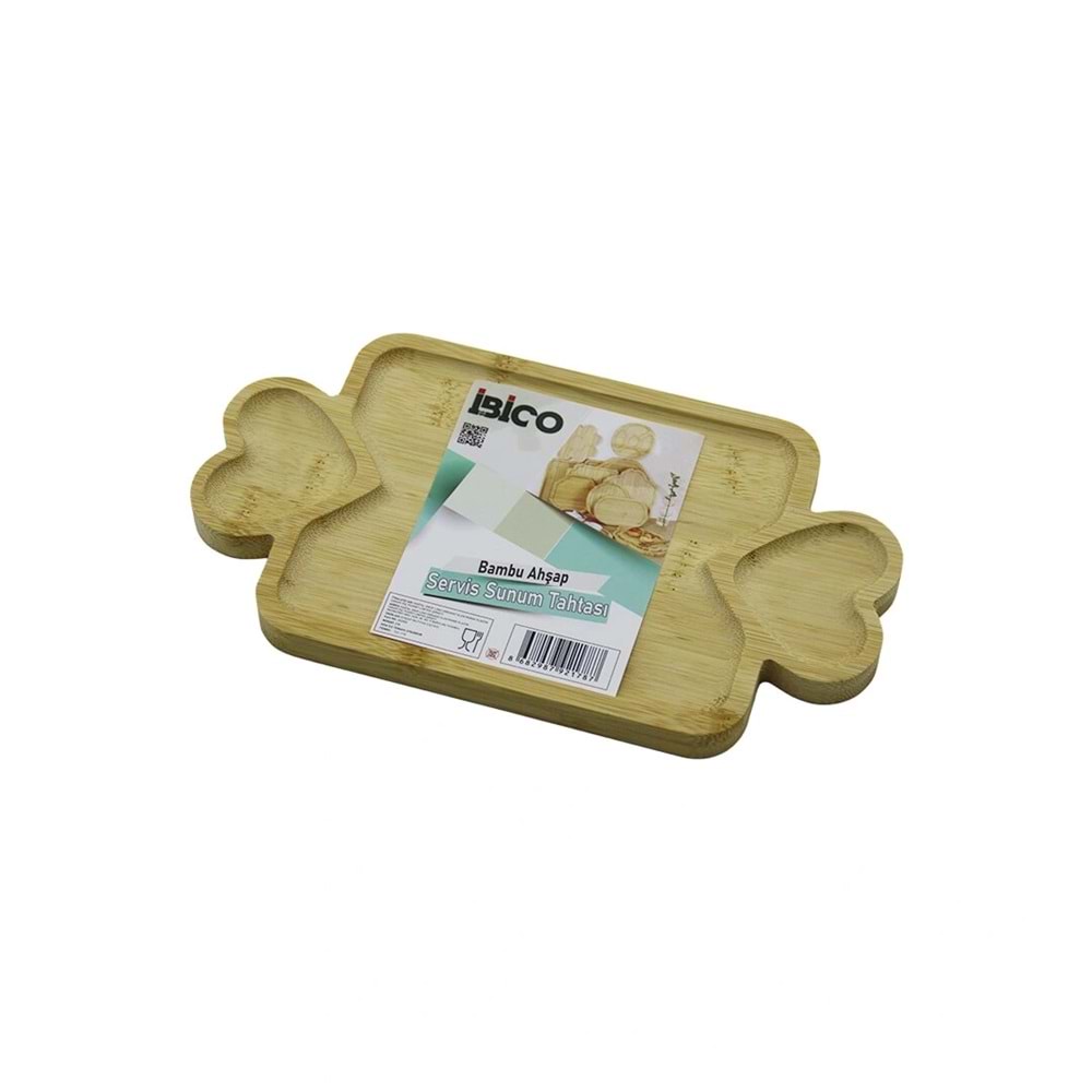 DİKDÖRTGEN 3 BÖLMELİ=2İN1 KALP KULP - BÖLME + 1 AHŞAP BAMBU SERVİS SUNUM TEPSİ - TAHTASI 25 X 14 X 1.4CM (5047)